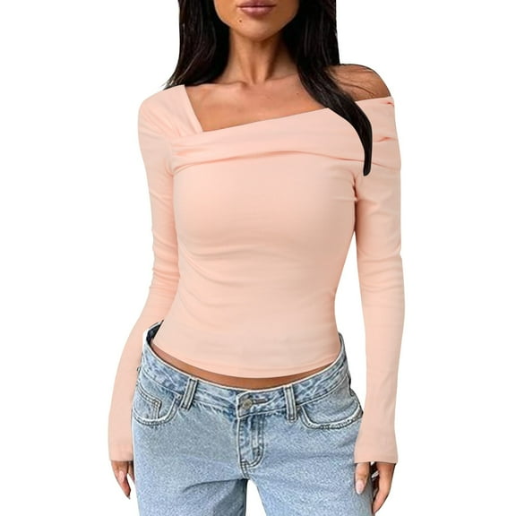 Afdoent Tops For Women Trendy Women's One Off Shoulder Long Sleeve Top Ruched Going Out Tops Slim Fit Shirt Crop Top Winter Clothes 2025