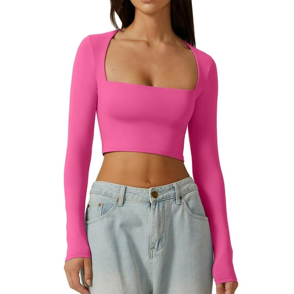 Afdoent Tops For Women Trendy Womens Square Neck Open Umbilical Top Long Sleeve Slim Fit Short T Shirt Winter Clothes 2025