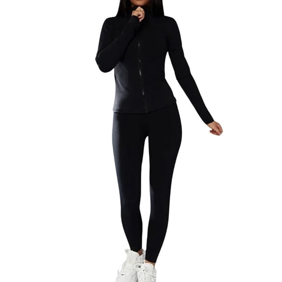 Afdoent Women 2 Piece Workout Sets Women's Autumn Winter Solid Color Long Sleeve Zipper Stand Sports Jacket Fitness Yoga Suit Long Pants Set Active Wear