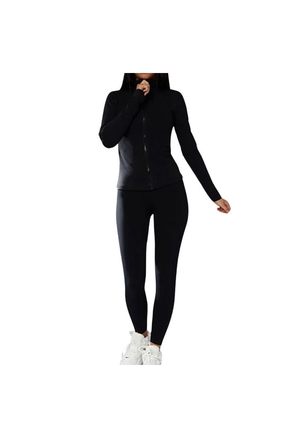 Women 2 Piece Workout Sets Women's Autumn Winter Solid Color Long Sleeve Zipper Stand Sports Jacket Fitness Yoga Suit Long Pants Set Active Wear