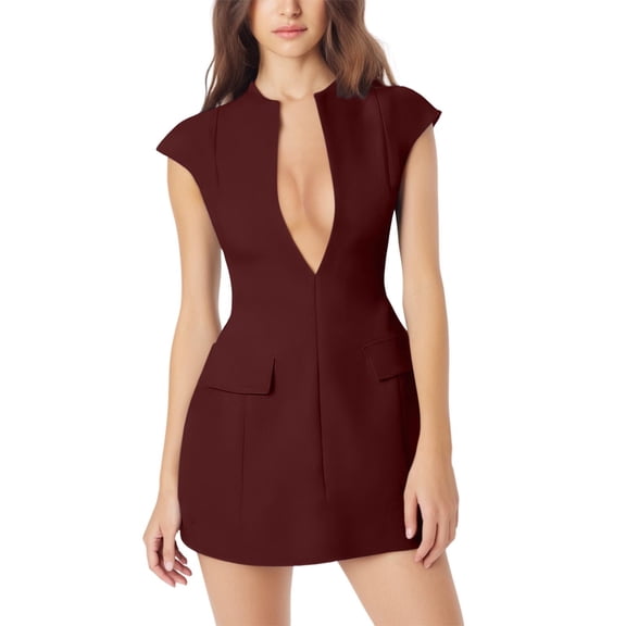 Afdoent Women Dress Ladies Sexy Deep V Neck Cap Sleeve A Line Mini Club Party Dress Elegant