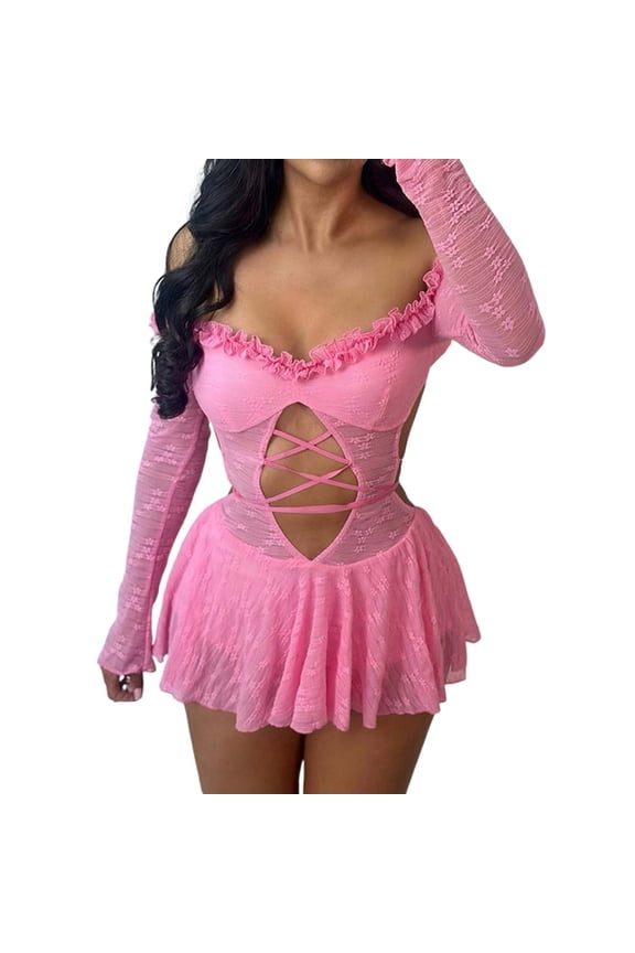 Women Dress Sexy Hot Girl One Shoulder Hollow Lace Up High Waisted Slim Fit Jumpsuit Leisure