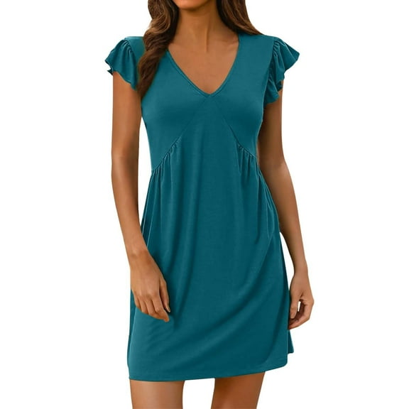 Afdoent Women Dress Summer Ladies Beach Dress Loose Fit Deep V Neck Mini Dress With Ruffled Sleeves For Relaxed Style 2025 Beach Vacation