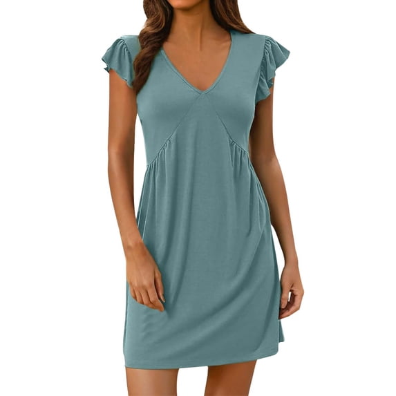 Afdoent Women Dress Summer Ladies Beach Dress Loose Fit Deep V Neck Mini Dress With Ruffled Sleeves For Relaxed Style Elegant