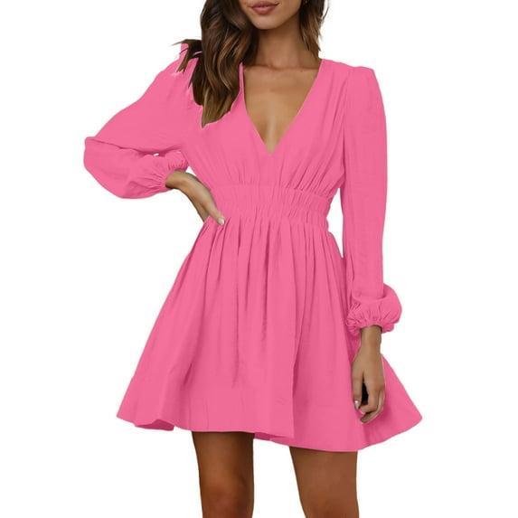 Afdoent Women Mini Dress Deep V Sexy Dress Long Sleeve A Line High Waisted Casual Flowy Dress 2025 Beach Vacation