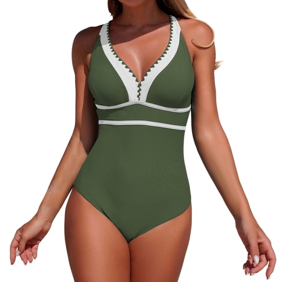 Afdoent Women One Piece Swimsuits Casual Tummy Control Swimsuit V Neck Tankini Bathing With High Waisted Bottoms And Back Coverage 2026 Beach Vacation Clothes