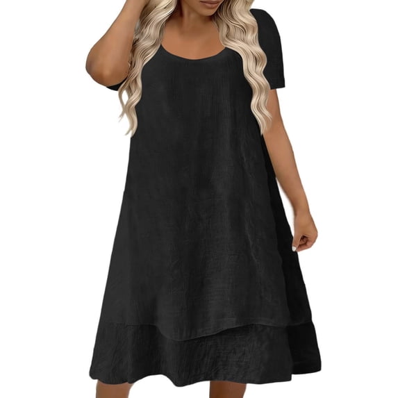 Afdoent Women's Dresses Everyday Casual Dress Loose Fit Short Sleeve Solid Color Layered Neck Midi Dress For Comfort Boho Beach Dress