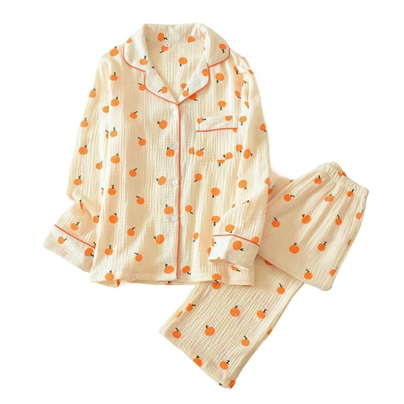 Afdoent Women's Pajama Sets Soft Crinkle Fabric Long Sleeve Loungewear Comfortable Sleepwear With Orange Printed For Home Relaxation Comfortable