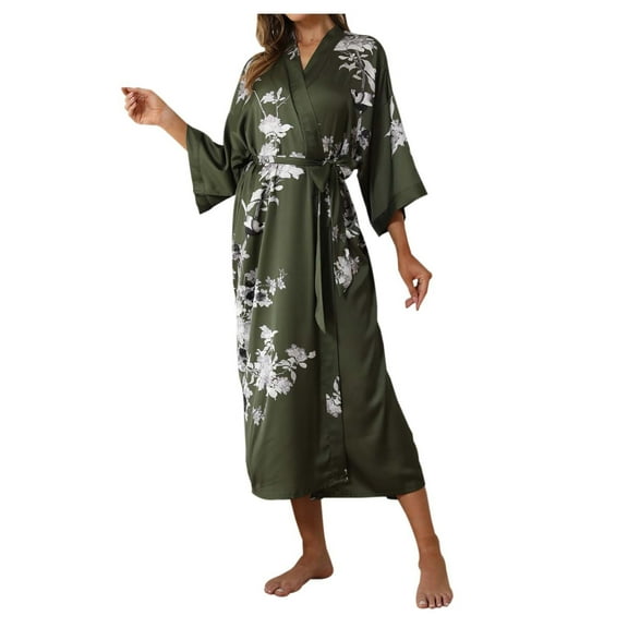 Afdoent Women's Robe Satin Floral Kimono Robe For Women Cool Sensation 3/4 Sleeve Long Casual Home Wear Bathrobe Sleepwear Ladies Loungewear