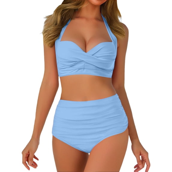 Afdoent Womens Bikini Sets Women's Front Full Coverage Swimsuit V Neck Padded High Waisted Ruched Bikini Set Two Piece Bathing Suit Beach Swimwear 2026