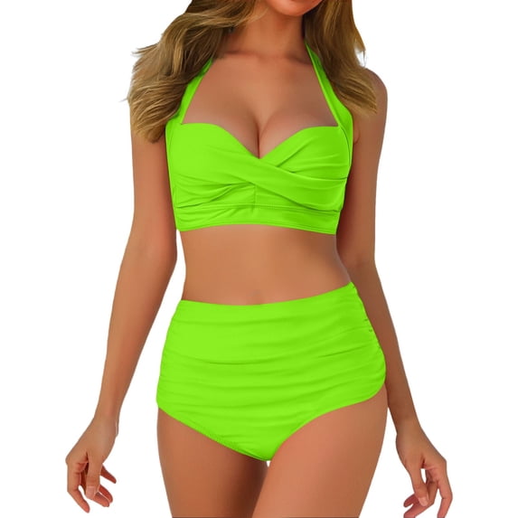 Afdoent Womens Bikini Sets Women's Front Full Coverage Swimsuit V Neck Padded High Waisted Ruched Bikini Set Two Piece Bathing Suit Beachwear