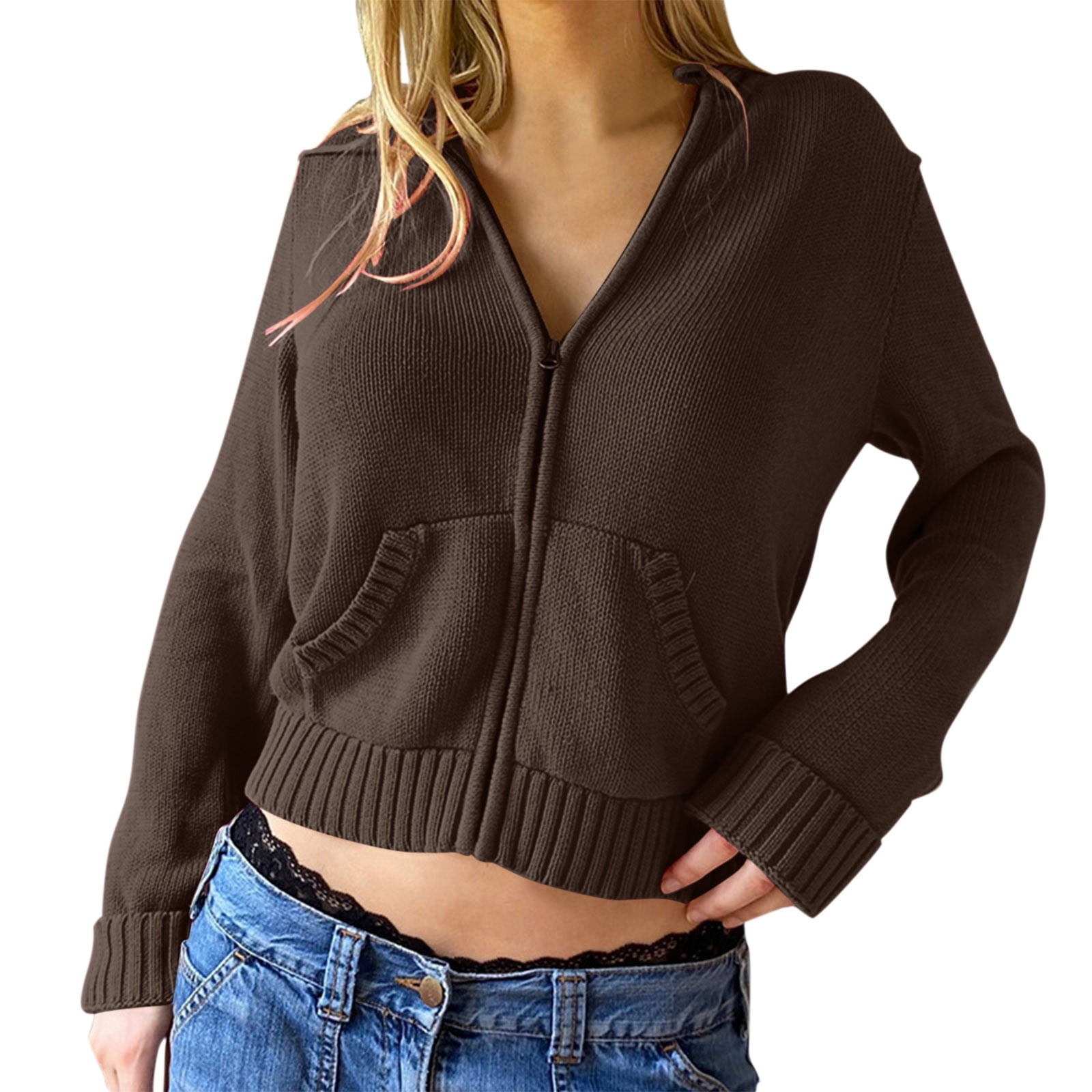 Afdoent Womens Coats Female Zip Up Long Sleeve Crop Hooded Tops Ribbed