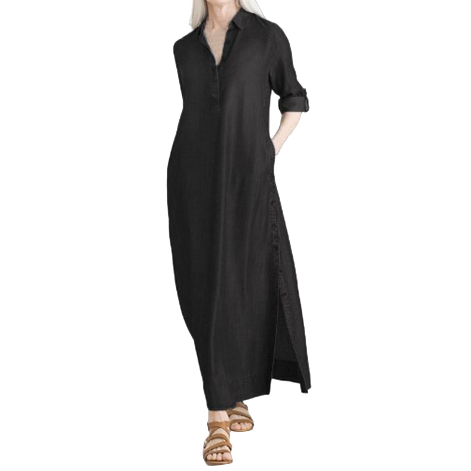 Afibi Women's Long Sleeve T-Shirt Dress - Black, Loose Swing Fit With Pockets, Size XXL - View #2