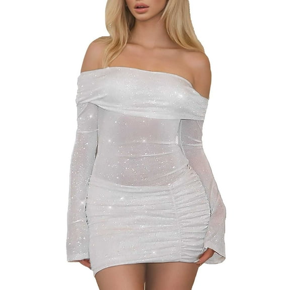 Afdoent Womens Dresses Ladies Sexy Elegant Off The Shoulder Mesh Long Sleeve Ruched Bodycon Party Mini Dresses Elegant