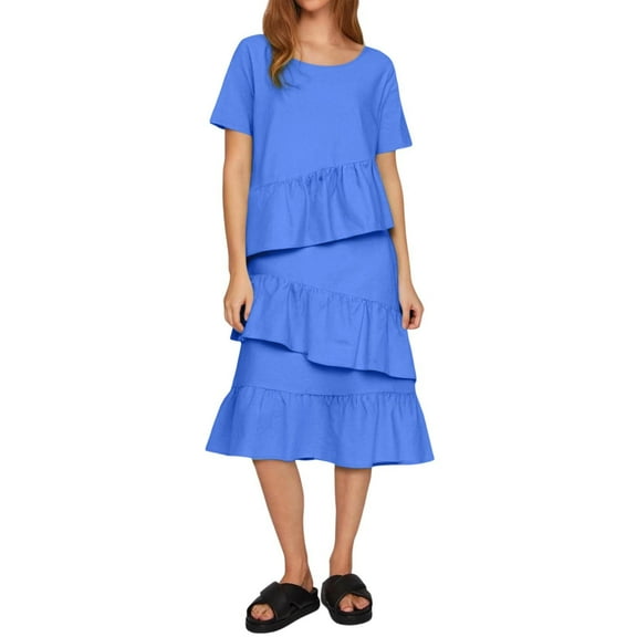 Afdoent Womens Dresses Ladies Spring Summer Linen Casual Solid Color Crew Neck Short Sleeve Pleated Long Skirt Dress 2025 Beach Vacation