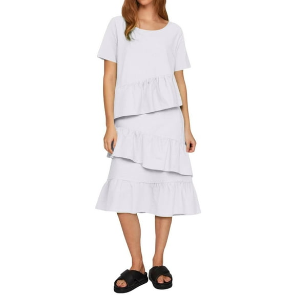 Afdoent Womens Dresses Ladies Spring Summer Linen Casual Solid Color Crew Neck Short Sleeve Pleated Long Skirt Dress Fashion Trendy 2025
