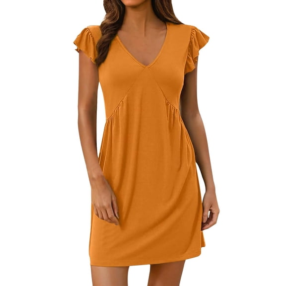 Afdoent Womens Dresses Summer Ladies Beach Dress Loose Fit Deep V Neck Mini Dress With Ruffled Sleeves For Relaxed Style Fashion Trendy 2025