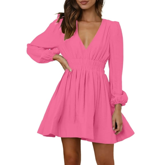 Afdoent Womens Mini Dress Deep V Sexy Dress Long Sleeve A Line High Waisted Casual Flowy Dress Elegant