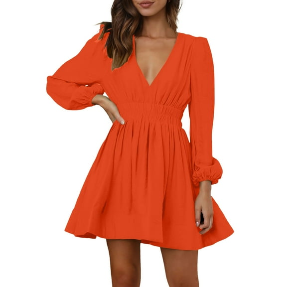 Afdoent Womens Mini Dress Deep V Sexy Dress Long Sleeve A Line High Waisted Casual Flowy Dress Fashion Trendy 2025