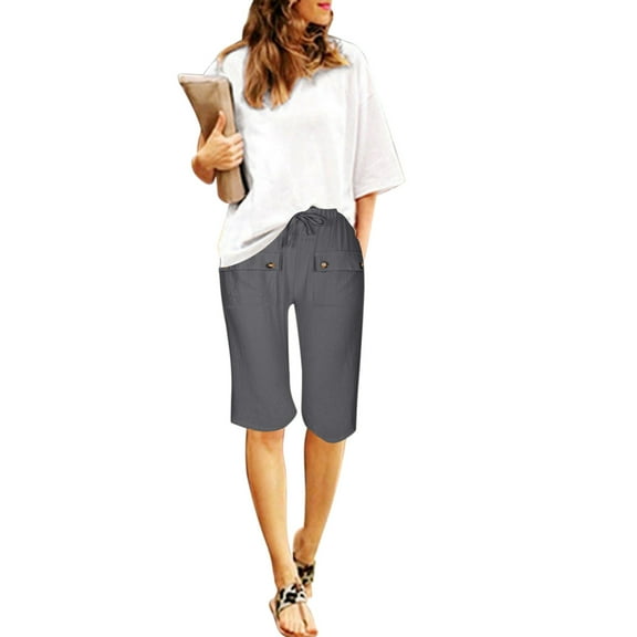 Afdoent Womens Shorts 2025 Women's Spring Summer Solid Color Front Pocket Drawstring Tie Button Casual Shorts Cropped Pants Comfortable