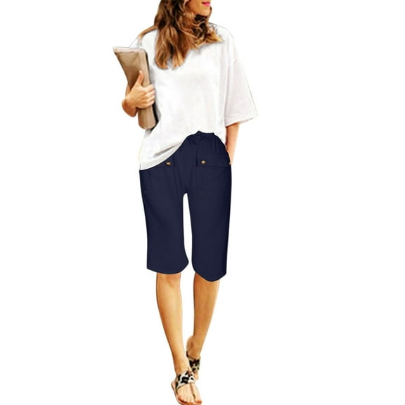 Afdoent Womens Shorts 2025 Women's Spring Summer Solid Color Front Pocket Drawstring Tie Button Casual Shorts Cropped Pants Leisure