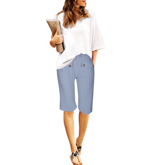 Afdoent Womens Shorts 2025 Women's Spring Summer Solid Color Front Pocket Drawstring Tie Button Casual Shorts Cropped Pants Vacation Outfits