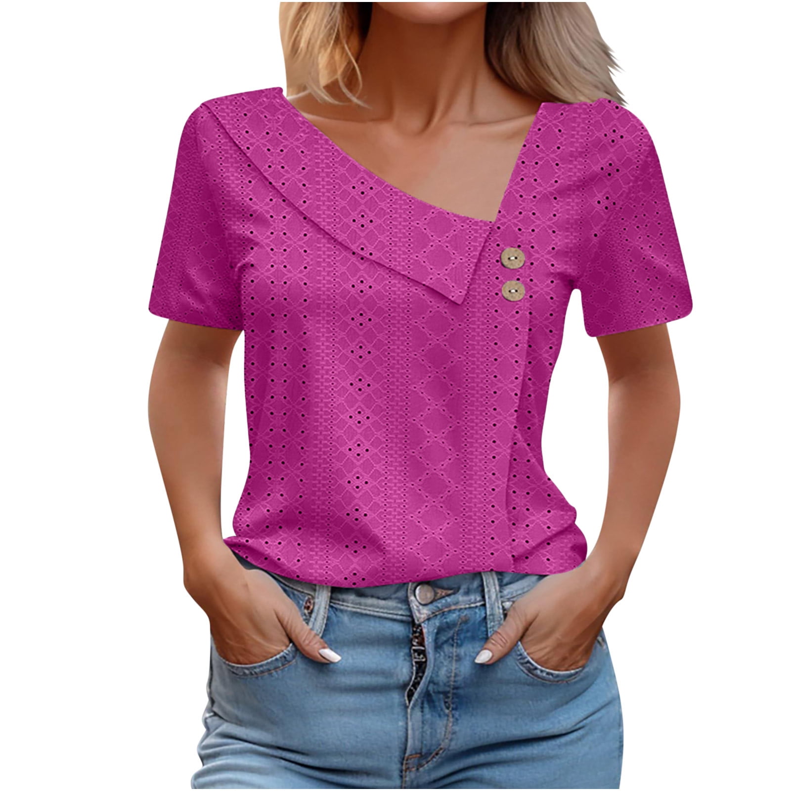 Afdoent Womens T Shirts Asymmetrical V Neck Button Short Sleeved Tee ...