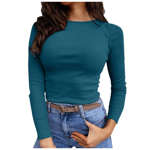 Afdoent Womens T Shirts Fashion Casual Long Sleeve Stretch Crewneck Ribbed T Shirt Fitted Slim Fit Basic Tops Going Out Tops
