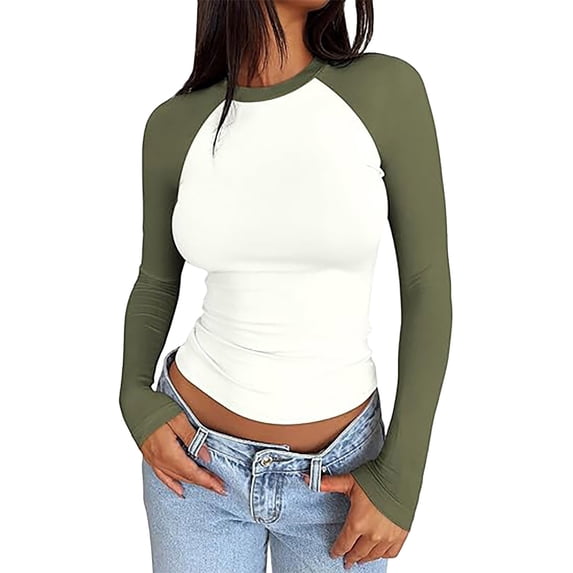 Afdoent Womens T Shirts Long Sleeve Tshirts Slim Fit Stretchy Color Block Slightly Cropped Tops Lightweight Going Out Tops