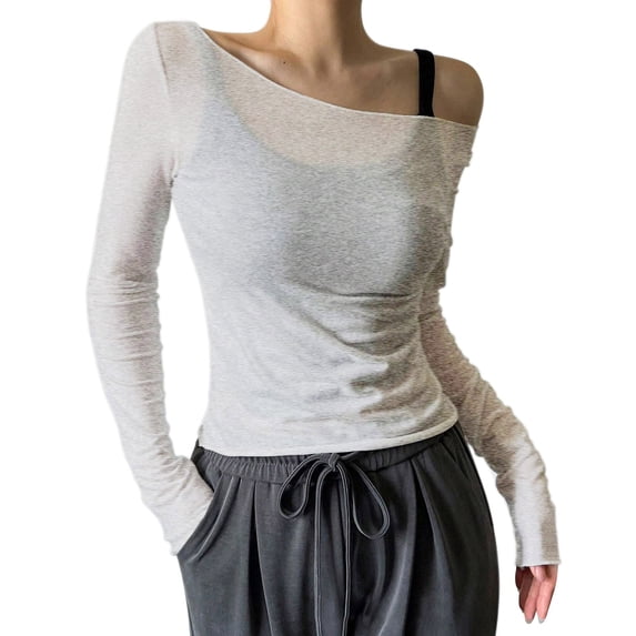 Afdoent Womens T Shirts Sheer Mesh Off The Shoulder Tops Long Sleeve See Through Shirts Going Out Party Club Outfits Tee Shirts For Women Comfortable
