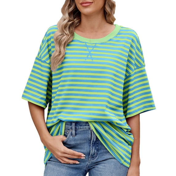 Afdoent Womens T Shirts Striped Color Block Oversized Short Sleeve T Shirt For Women Casual Summer Tee Top Tee Shirts For Women Trendy