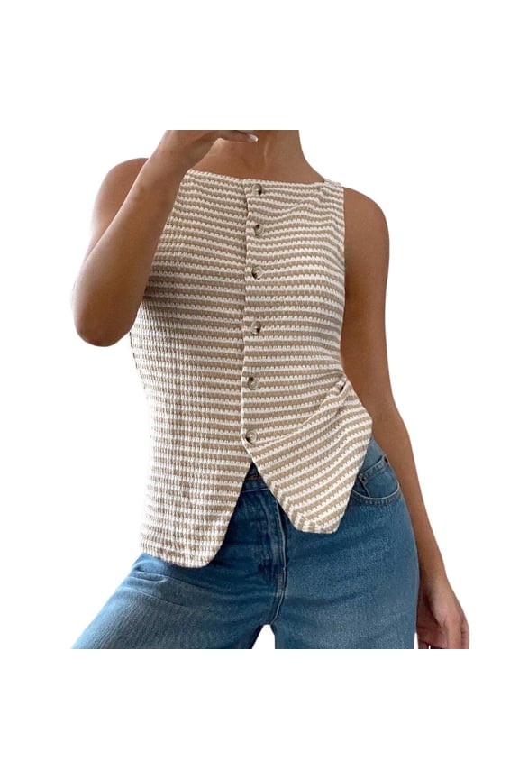 Womens Tank Tops Ladies Square Collar Open Placket Buttons Sleeveless Textured Horizontal Stripes Elegant Blouse Tops 2025 Summer Clothes