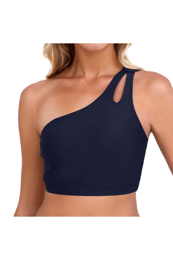 Womens Tankini Tops Women's Bikini Tops One Shoulder Tankini Sports Bra Keyhole Swim Bras Full Coverage Bathing Suit Tops No Bottom