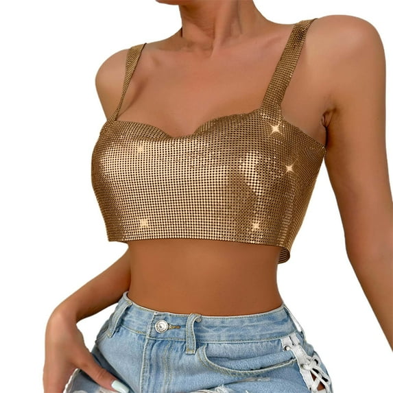 Afdoent Womens Tops Festival Shiny Metallic Deep V Neck Sexy Ladies Outwear Metal Top 2025 Summer Clothes