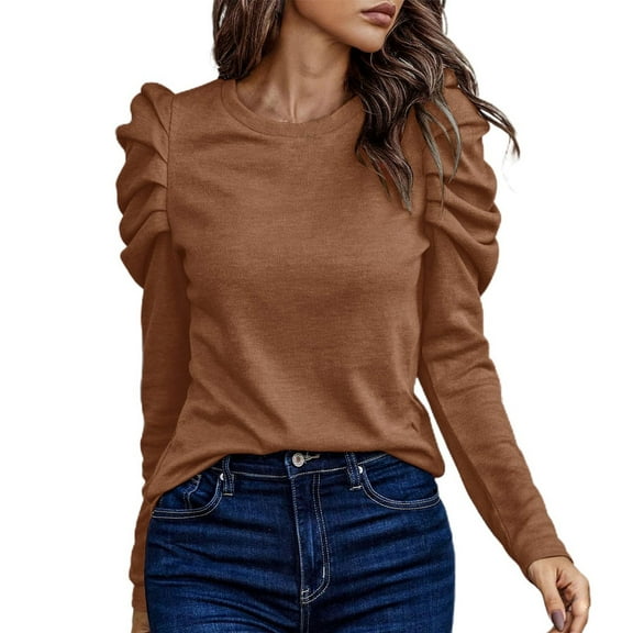 Afdoent Womens Tops Ladies Casual Solid Color High Elastic Crew Neck Slim Fit Puffed Sleeve Long Sleeve Top Shirt Fashion Casual Blouses