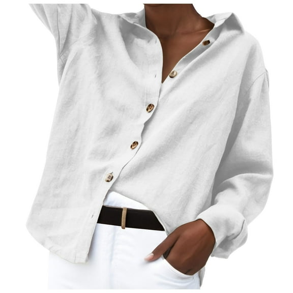 Afdoent Womens Tops Ladies Spring Summer Fashion Lapel Long Sleeve Linen Loose Women's Shirt Elegant