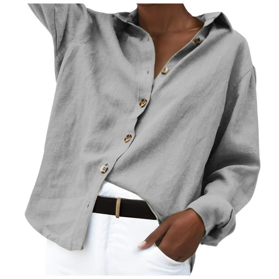 Afdoent Womens Tops Ladies Spring Summer Fashion Lapel Long Sleeve Linen Loose Women's Shirt Fashion Casual Blouses