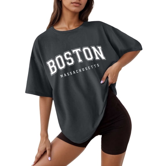 Afdoent Womens Tops Letter Printed Crew Neck Short Sleeve Loose T Shirt Casual Vacation Fashion Clothing 2026