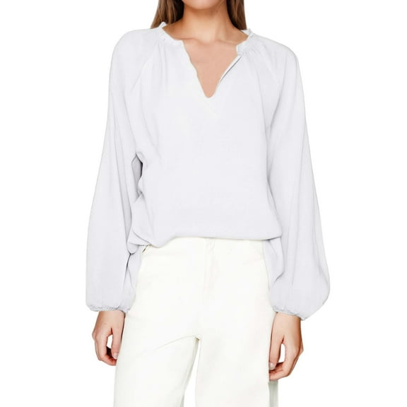 Afdoent Womens Tops New Women's Cool Long Sleeve Shirt Solid Color Casual V Neck Loose Top Fashion Casual Blouses