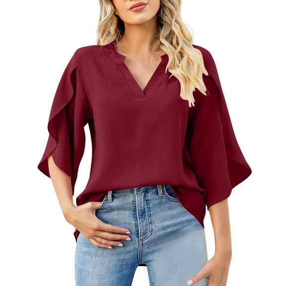 Afdoent Womens Tops Solid Color Chiffon V Neck Loose Top With Lace Trimmed Petal Sleeves For Women Summer Blouse Fashion Casual Blouses