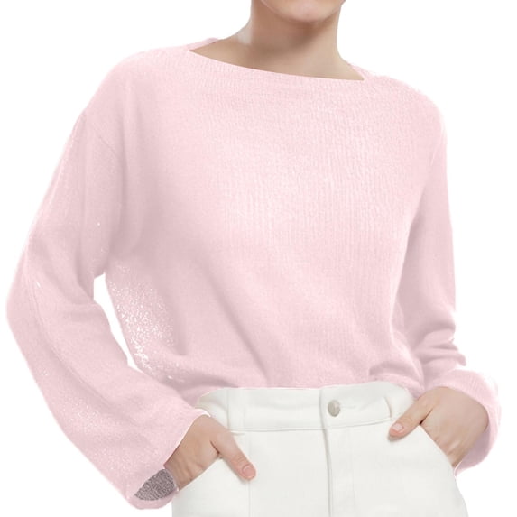 Afdoent Womens Tops Spring Summer New Female Thin Large Crew Neck Trumpet Sleeve Knitted T Shirt Tee Casual Vacation Clothes