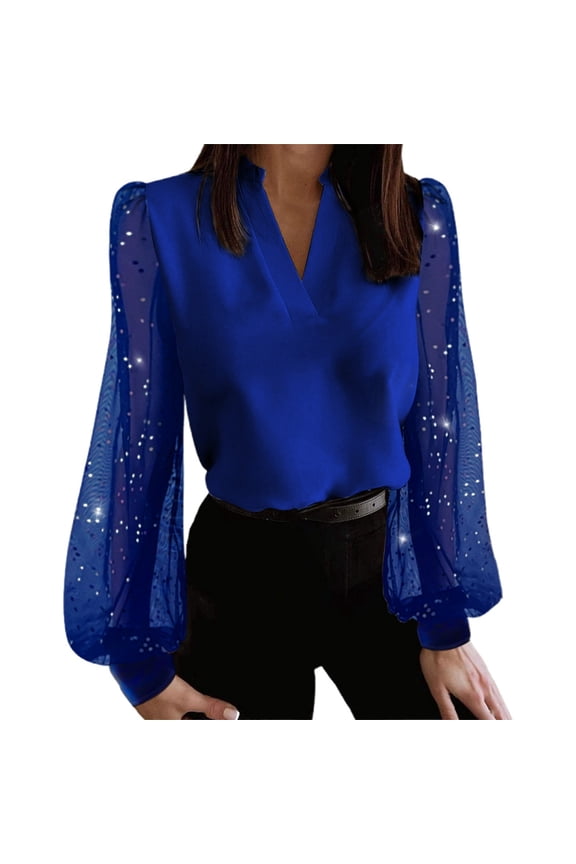 Womens Tops V Neck Sheer Lace Sleeve Blouse Women's Sparkly Top With Mesh Paneling Shirt Fashion Casual Blouses