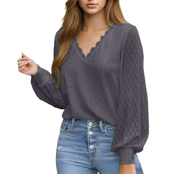Afdoent Womens Tops Womens Long Sleeve Eyelet Tops Dressy Casual Blouse Lace Trimmed V Neck Shirt 2025 Fall Outfit Clothes Fashion Casual Blouses