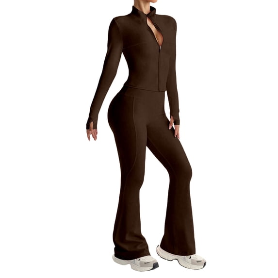 Afdoent Workout Sets For Women High Waisted Flare Leg Yoga Long Sleeve And Pants Workout Outfit For Fitness Solid Color Track Suits