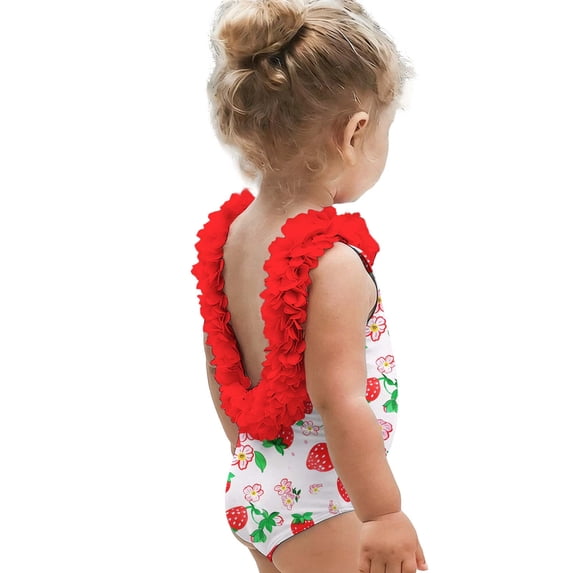 Afelkas Baby Girls Strawberry One Piece Swimsuit 3D Ruffle Backless Bathing Suit Quick Dry Summer Vacation Beachwear Pool Party Swimming Costume