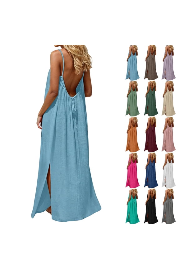 Backless Cami Dress Single Side Slit Maxi Dress for Women Sleeveless Long Cami Lounge Dress Backless Casual Vacation Beach Dresses Pink,M