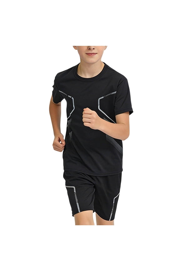 Boys' 2-Piece Active Set Short Sleeve Performance T-Shirt & Shorts Black Sporty Geometric Print Summer Outfit Black,14-15 Years