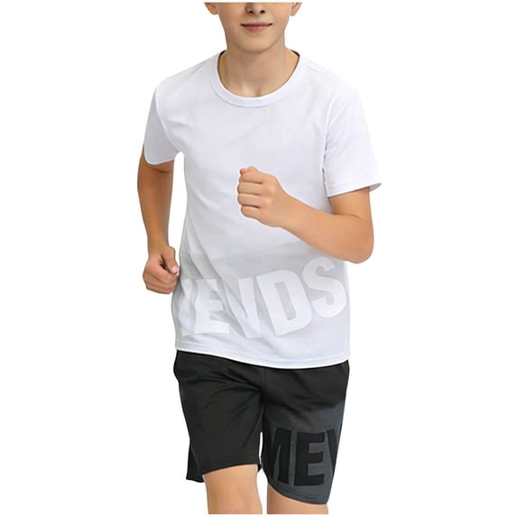 Afelkas Boys' 2-Piece Sporty Set Short Sleeve T-Shirt & Shorts Black Grey Gradient Text Print Activewear Summer Outfit White,150