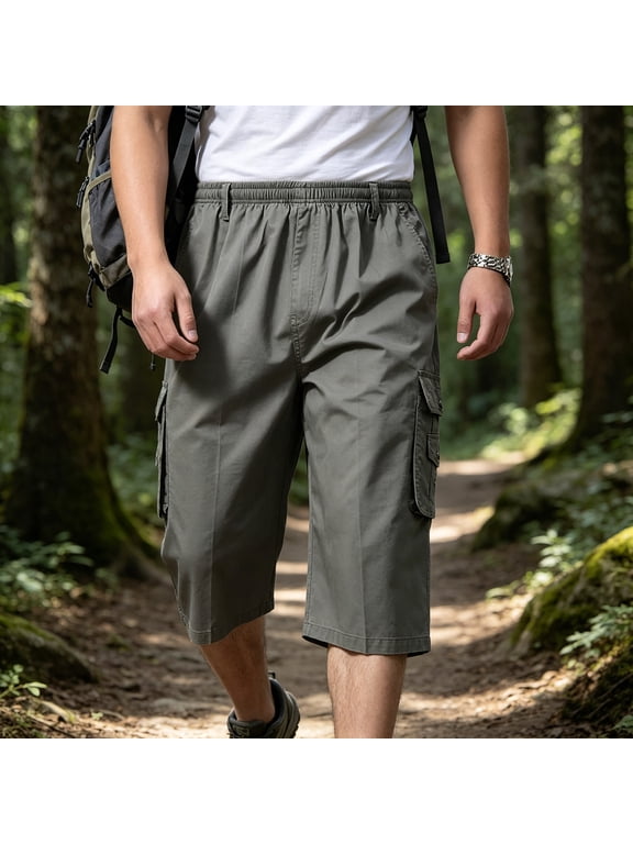 Durable Capri Cargo Shorts for Men Elastic Waist Heavy Duty Utility Bottoms for Summer Warehouse Shifts and Outdoor Chores Gray,L