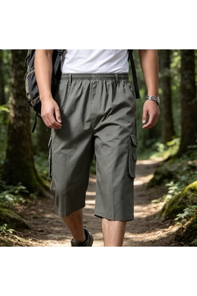 Durable Capri Cargo Shorts for Men Elastic Waist Heavy Duty Utility Bottoms for Summer Warehouse Shifts and Outdoor Chores Gray,L